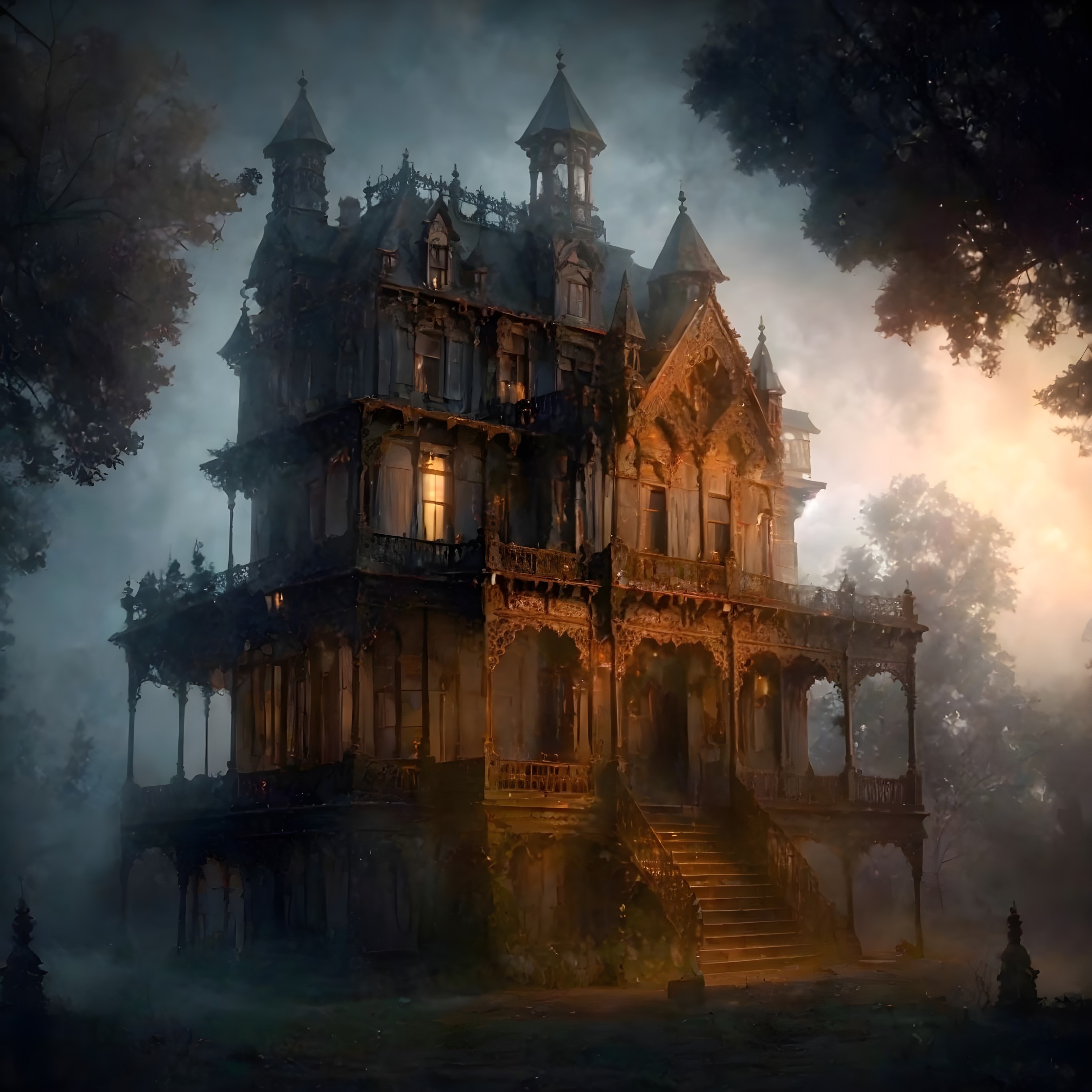 Victorian Mansion in Misty Landscape with Eerie Atmosphere
