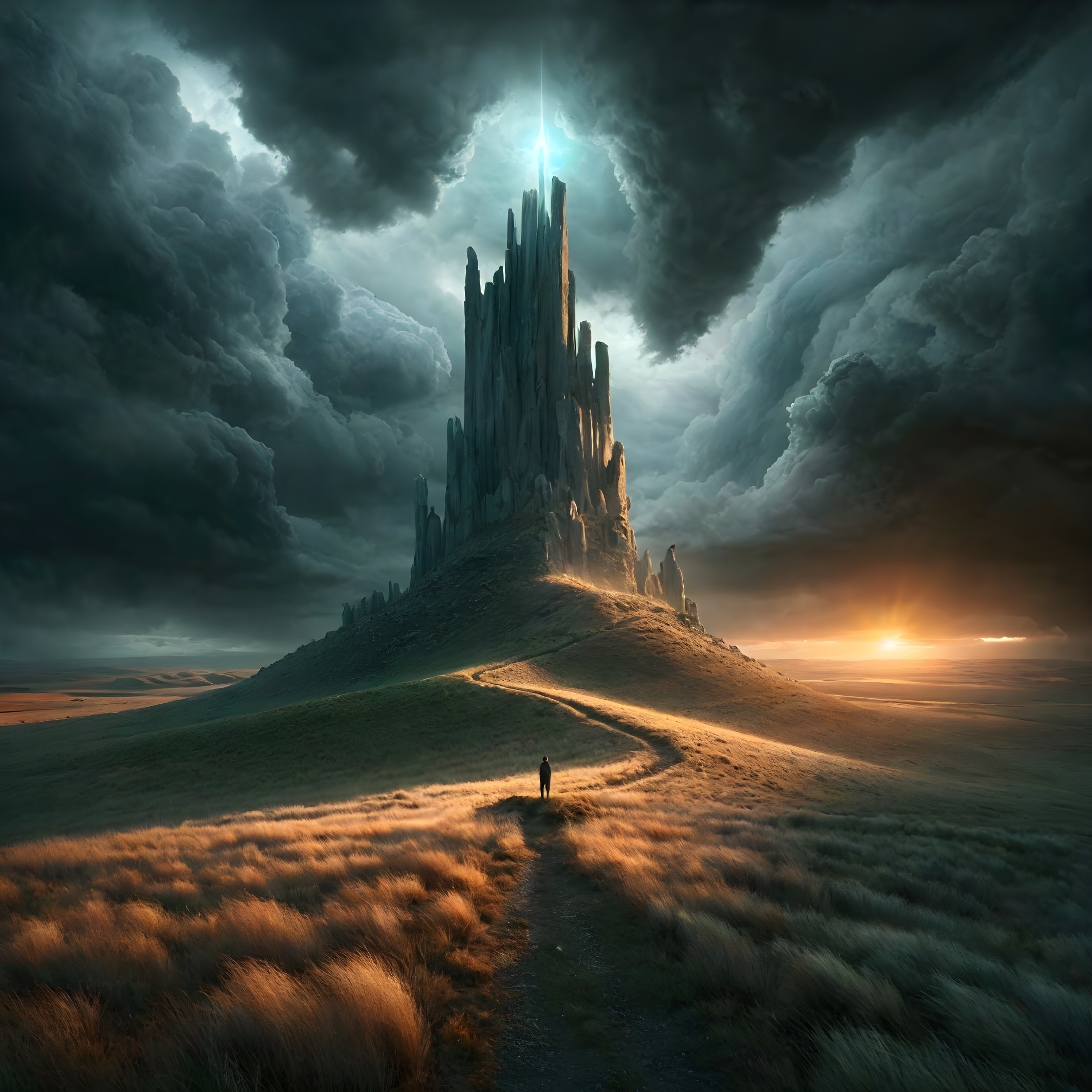 Dramatic Spire Under Turbulent Sky and Sunset Glow