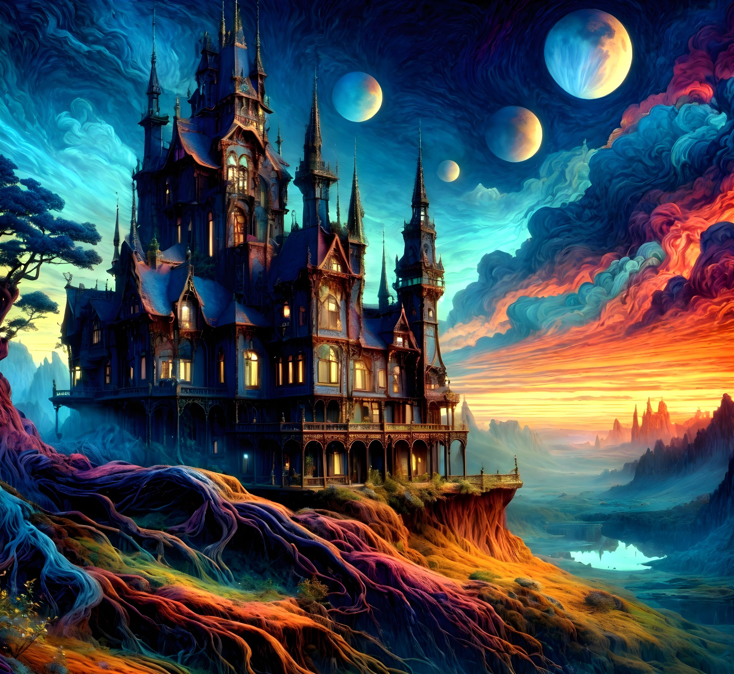 Gothic castle with planets in a dreamlike sunset sky