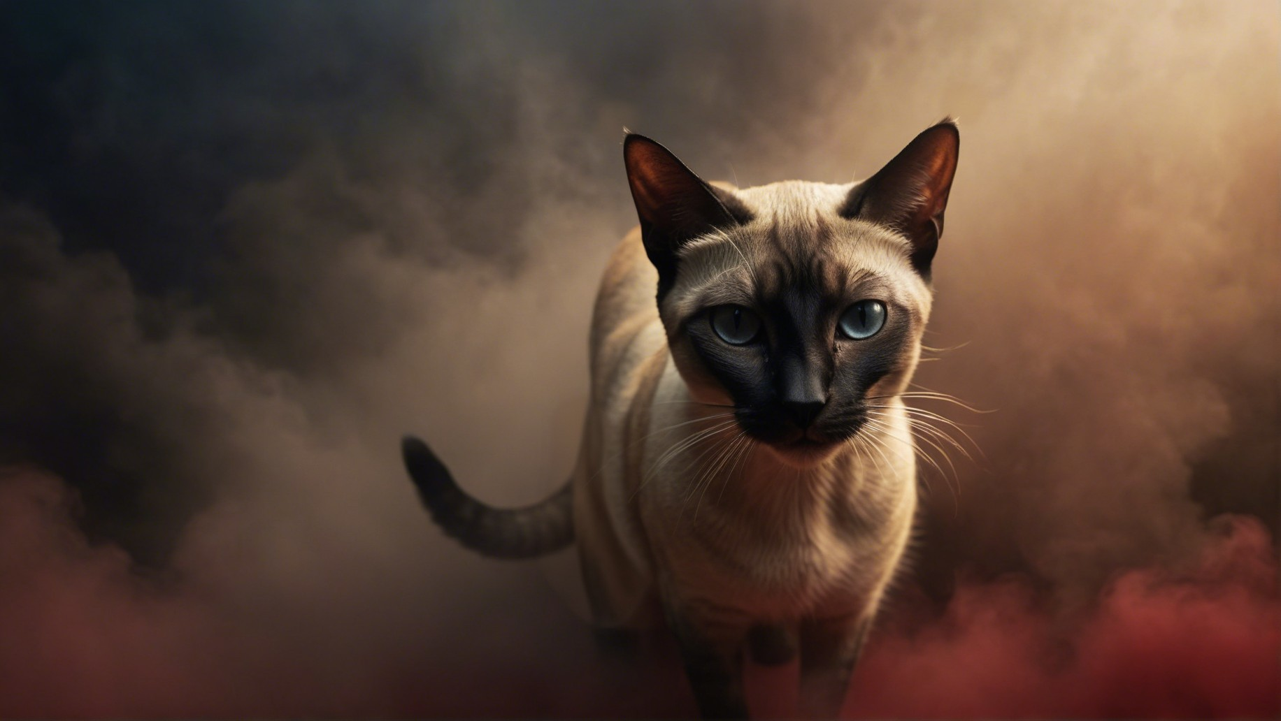 Siamese Cat in Ethereal Smoke with Piercing Blue Eyes