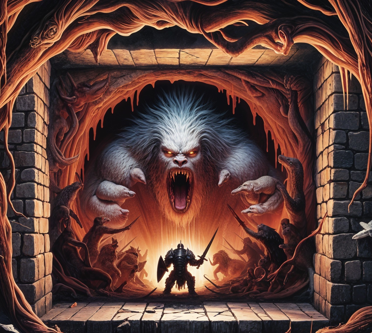 Dungeon Scene with Monstrous Creature and Warrior