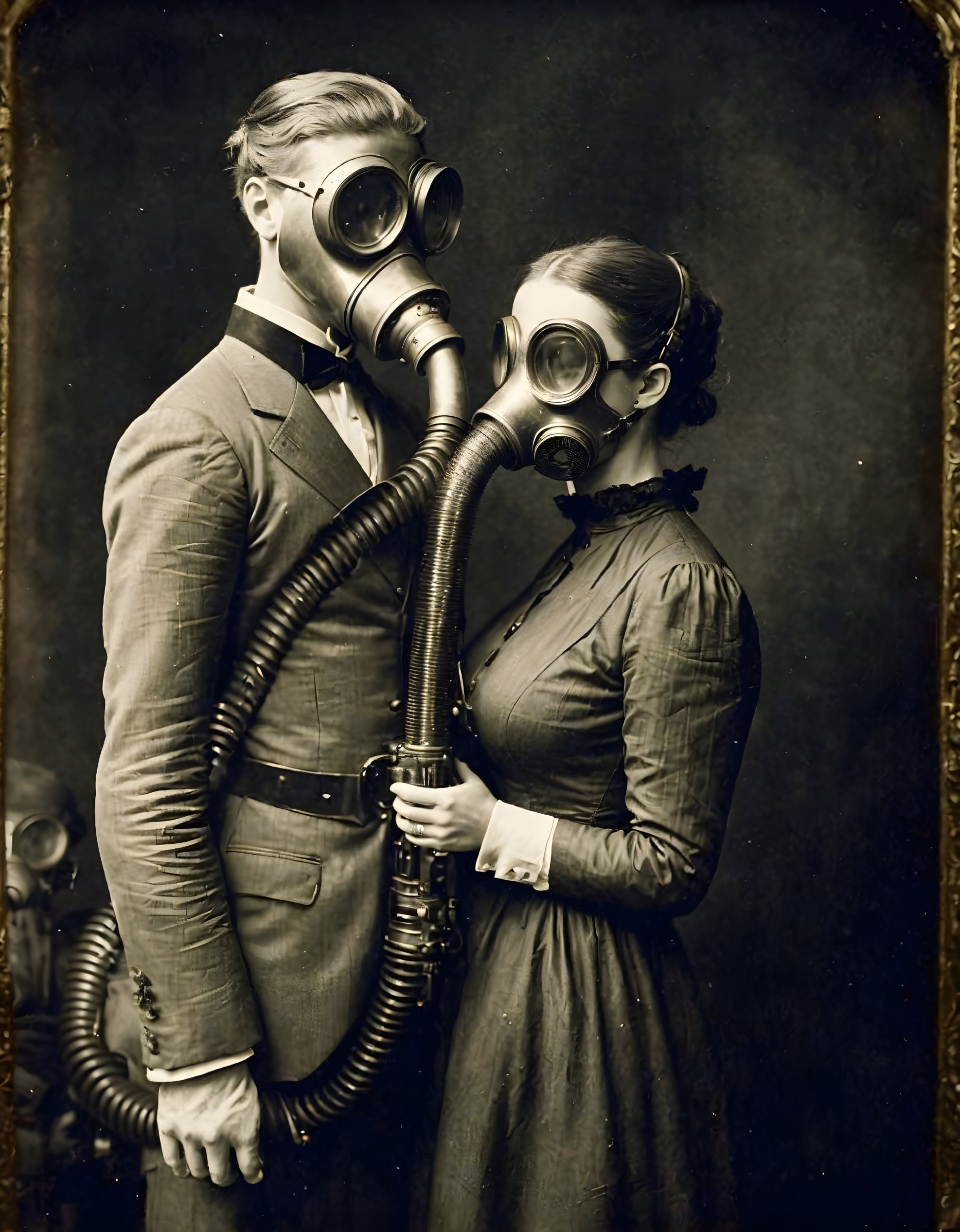 Vintage Photograph of Couple in Retro Gas Masks