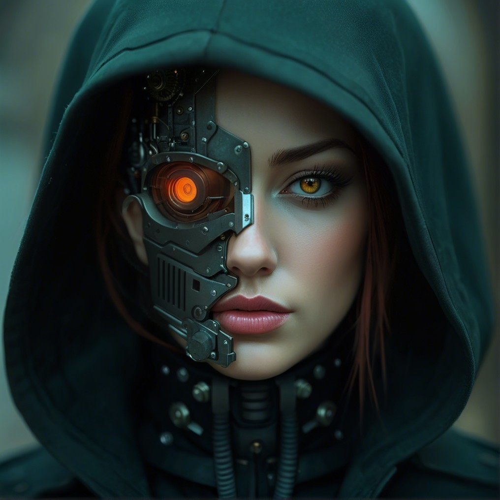 Mysterious Figure with Robotic Mask and Cloak