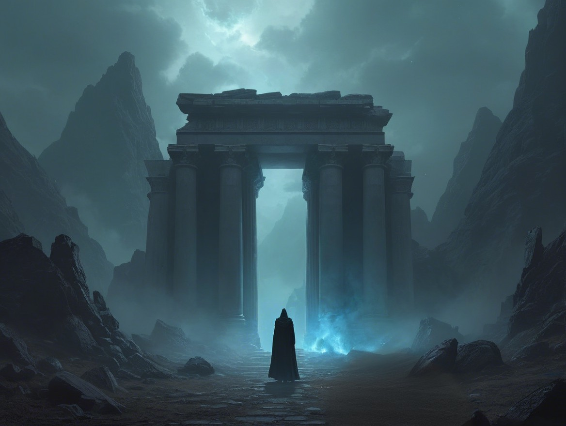 Lone Figure at Ancient Temple Amid Misty Mountains