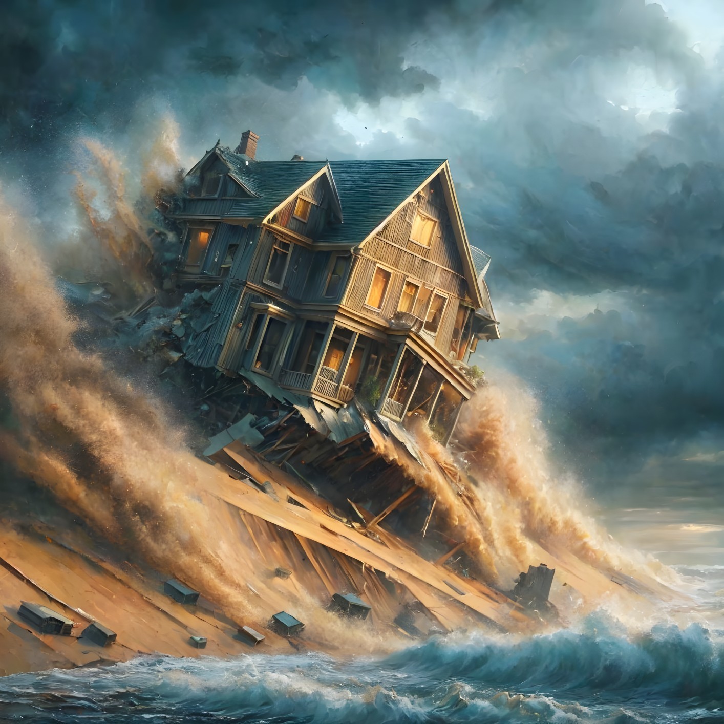 Abandoned house on cliff battered by ocean waves