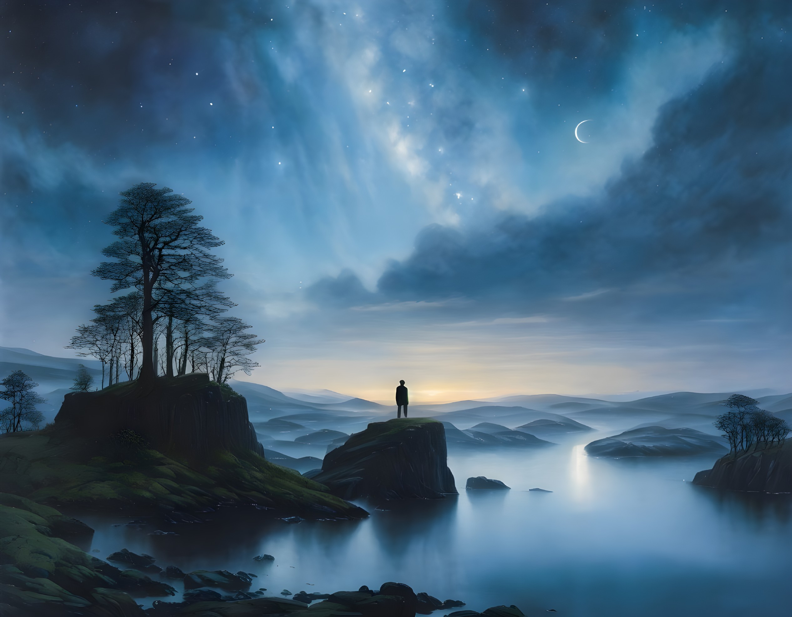 Person overlooking misty landscape with trees and starry sky