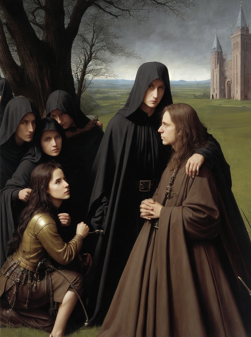 Medieval-themed group in cloaks on grassy field with castle.