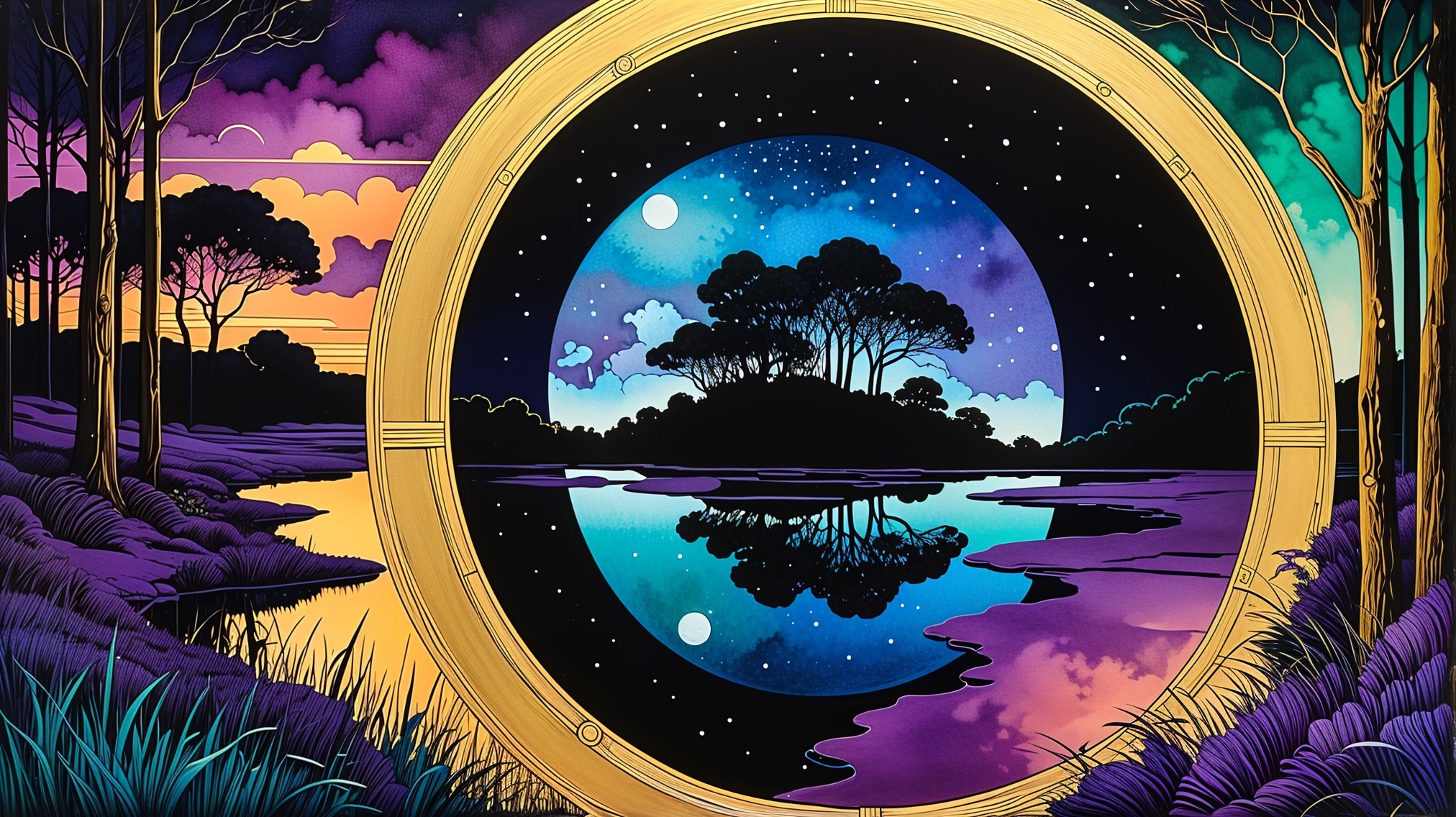 Surreal Night Landscape with Moons and Reflections
