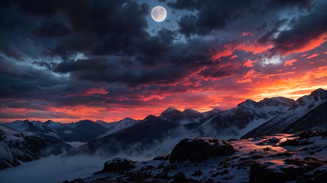 Twilight Mountain Landscape with Majestic Peaks and Moon