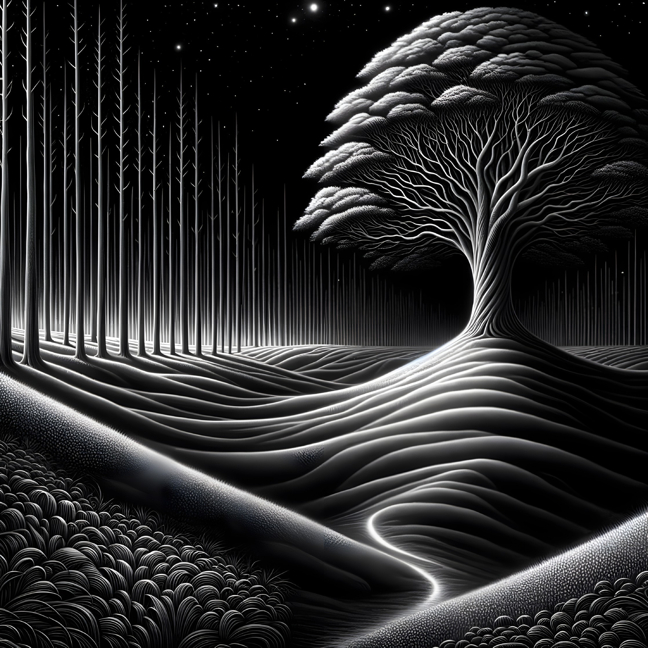 Surreal Black and White Landscape with Twisting Tree