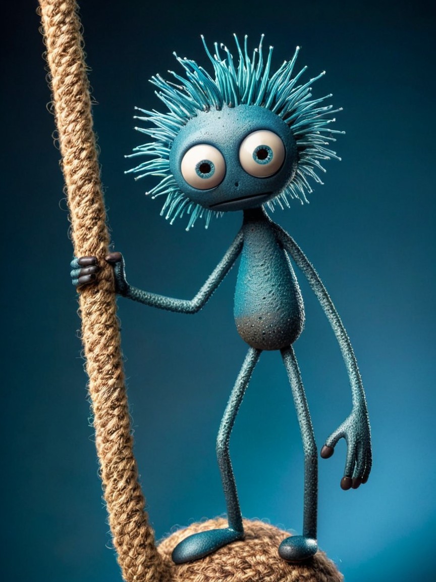 Whimsical Blue Character on Textured Surface with Rope