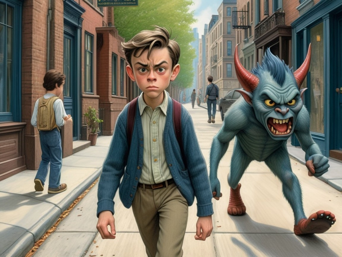 Young Boy with Backpack and Mischievous Creature in City