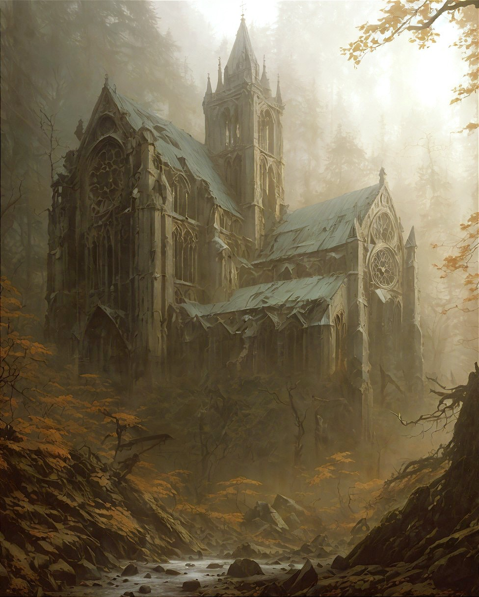 Dilapidated Cathedral in Misty Autumn Forest