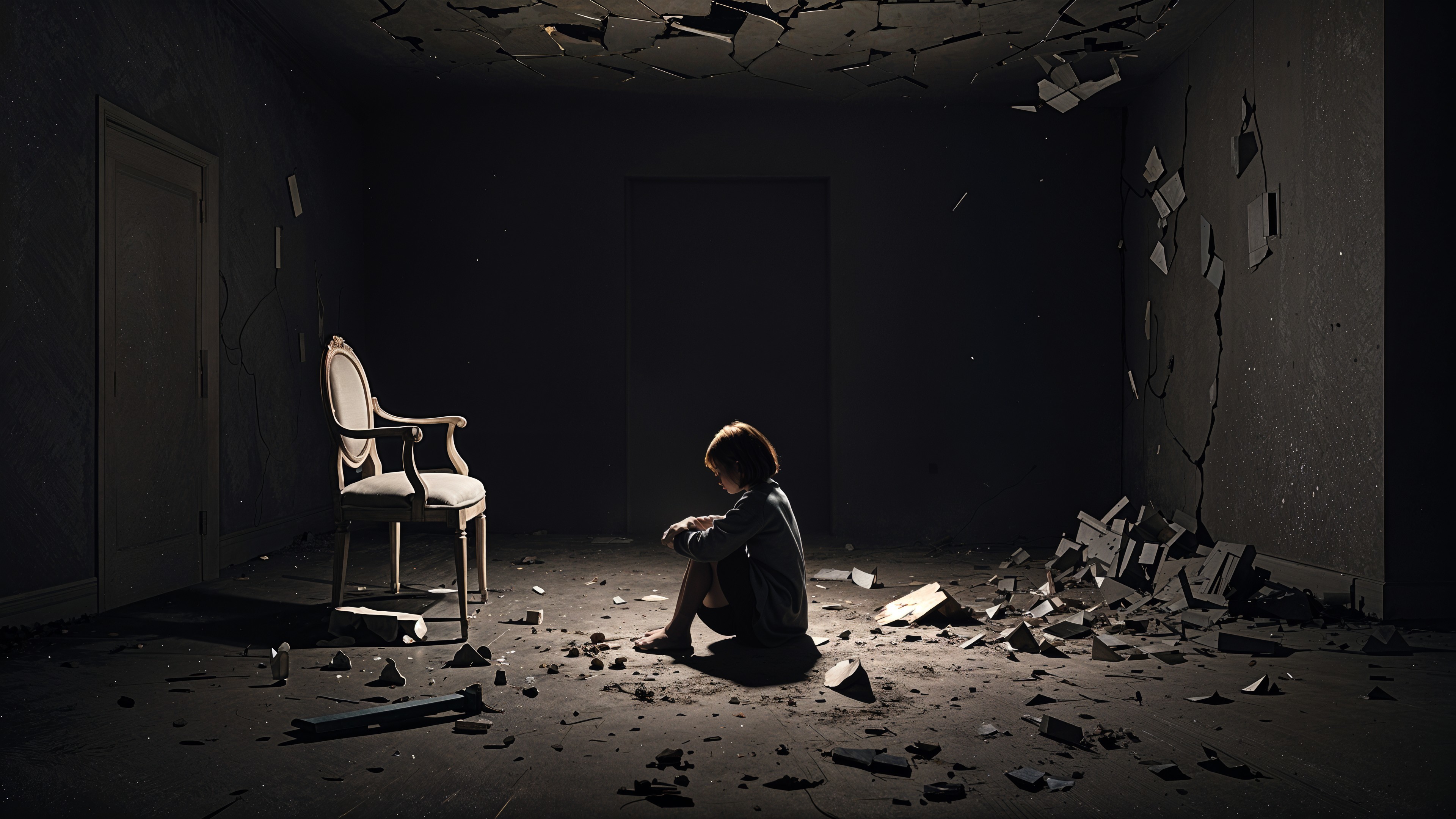 Child in a dim room with debris and an empty chair