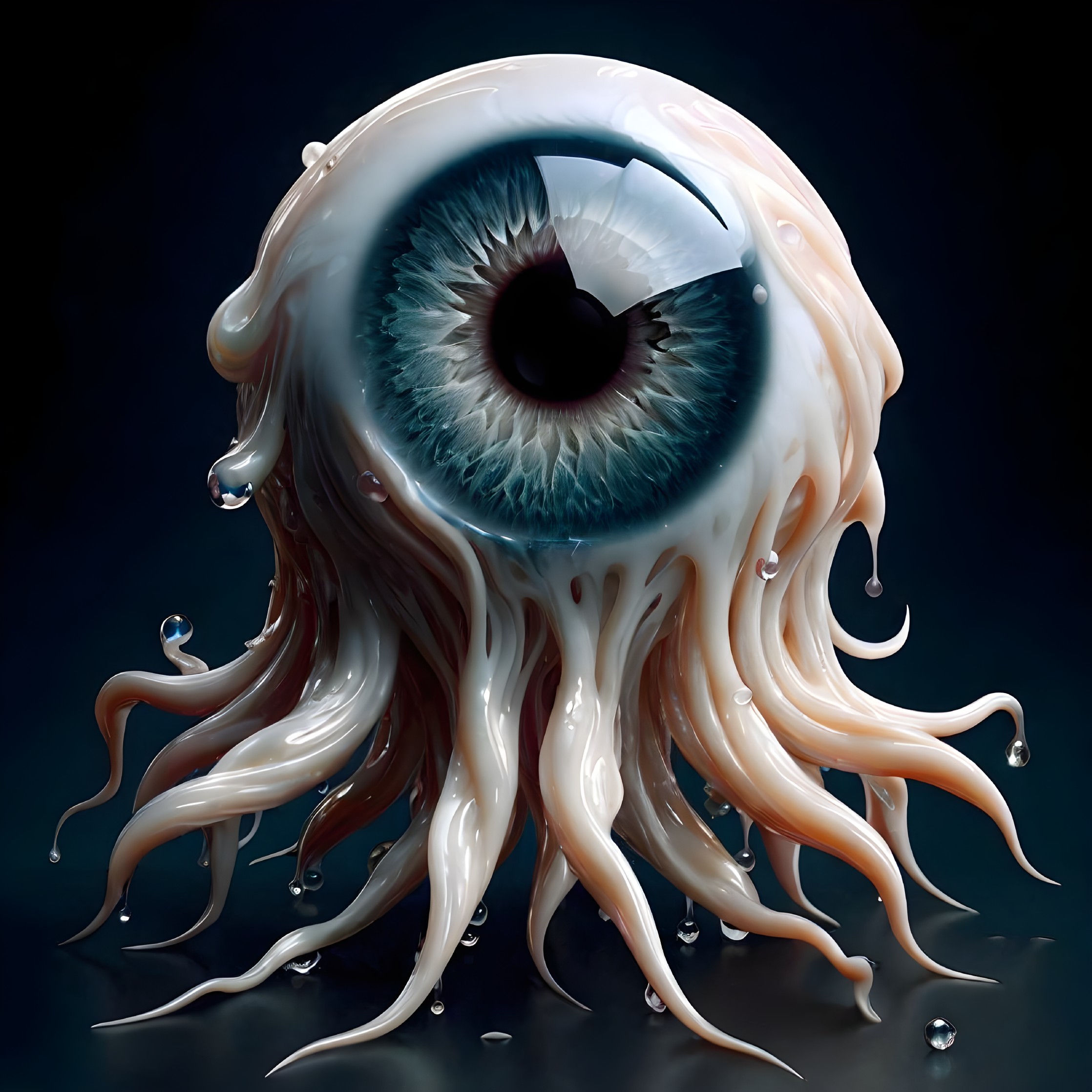 Surreal Eye with Tentacle Structure in Dark Background