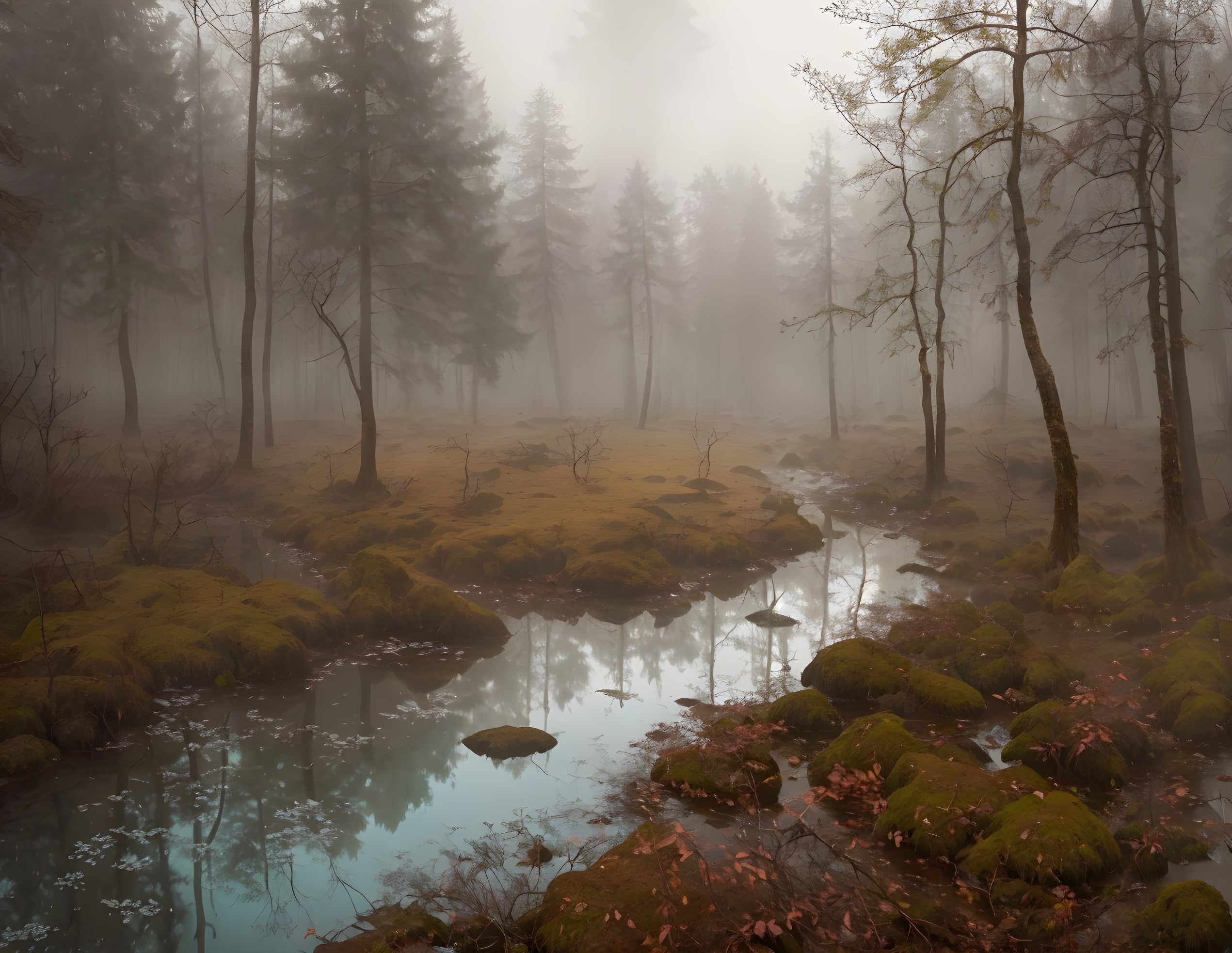 Misty Forest Scene with Stream and Lush Greenery