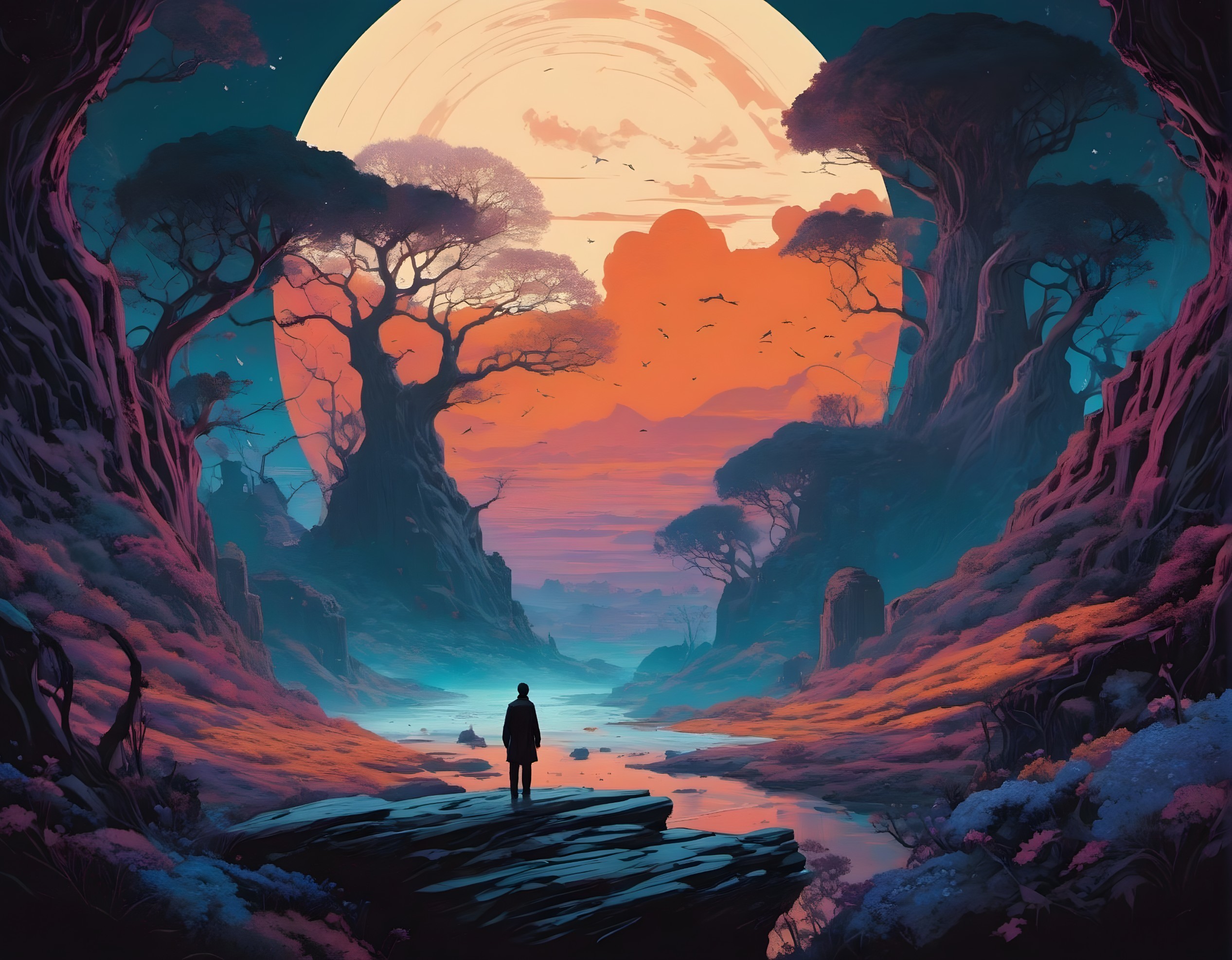 Silhouette by River in Mystical Forest at Twilight