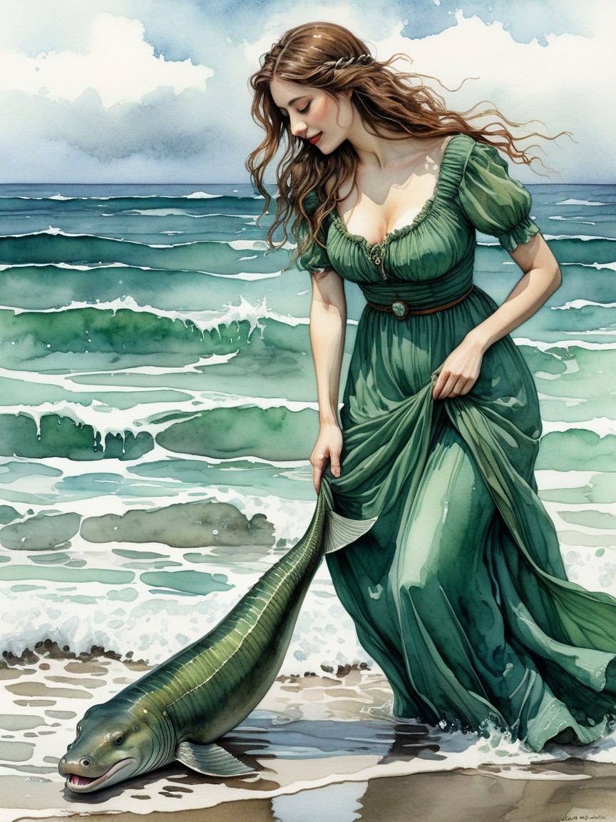 Ethereal Beach Scene with Woman and Large Fish
