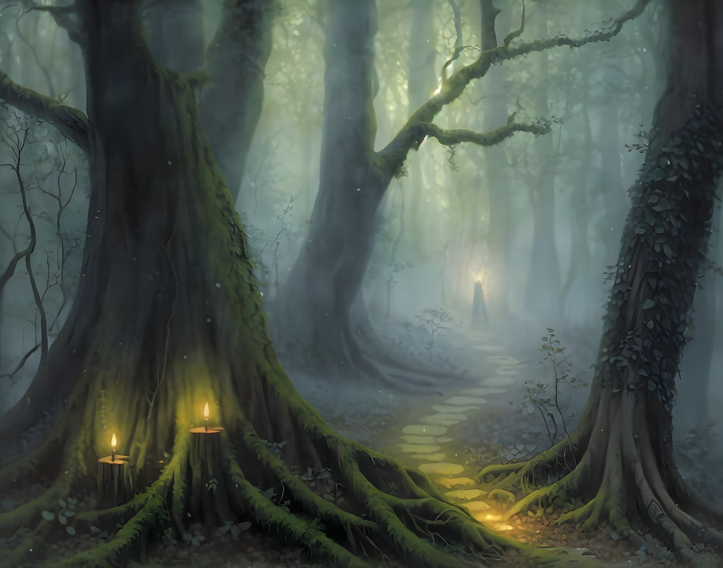 Mystical Forest with Fog, Ancient Trees, and Candlelight