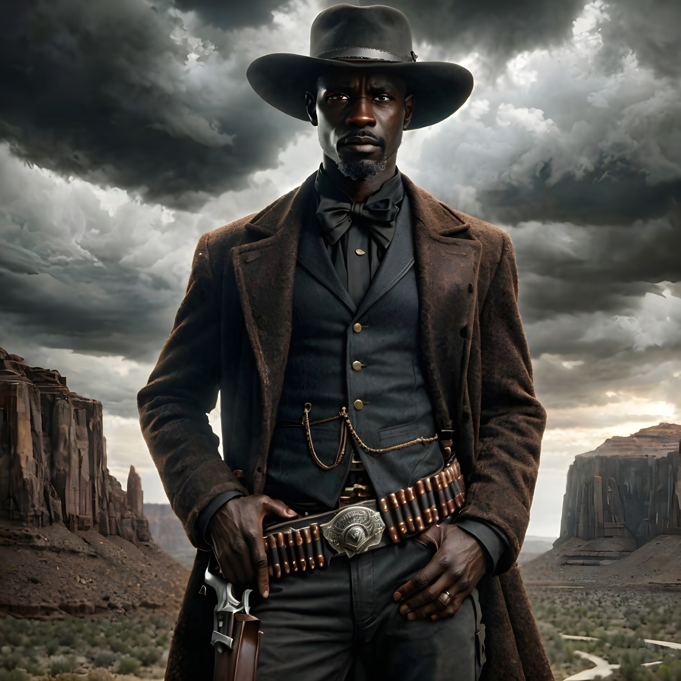 Confident Cowboy in Rugged Landscape with Dramatic Sky