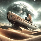 Rusted Submarine Half-Buried in Golden Sand Dunes