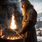 Figure by a Forge with Intense Lighting and Smoke