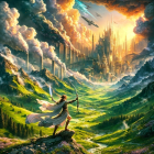 Hooded Figure Overlooking Fantastical City Landscape