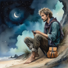Young man on beach at night with phone and backpack