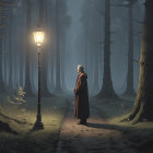 Solitary Figure in Misty Forest at Twilight