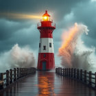 Red and white lighthouse on a stormy pier scene