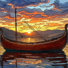 Wooden Boat on Calm Waters at Sunset Scene