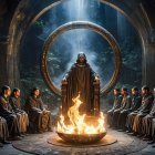 Mysterious figure on throne in ancient temple setting