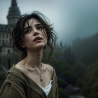 Young woman in oversized sweater near shadowy castle