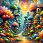 Surreal Landscape with Towering Robots and Vibrant Foliage