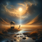 Mystical landscape with celestial event over desert stream