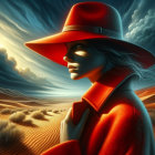 Figure in Desert with Red Hat and Dark Clouds