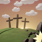 Serene Landscape with Wooden Crosses on Green Hill