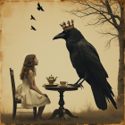 Whimsical Black-and-White Scene with Girl and Raven
