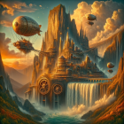 Steampunk City with Cliffs and Airships at Sunset