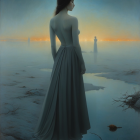 Solitary Figure in Ethereal Gown Amid Misty Landscape