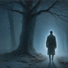 Misty Forest Path with Lone Figure in Long Coat