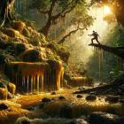 Serene Forest Scene with Waterfalls and Lush Greenery