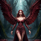 Woman with Large Red Wings in Misty Forest Wearing Elegant Red Dress