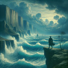 Solitary Figure on Cliff Overlooking Stormy Waves