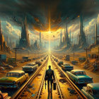 Person on Train Track in Dystopian Cityscape