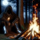 Mysterious Cloaked Figure by Campfire in Forest