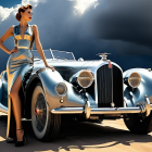 Glamorous Woman in Silver Gown by Vintage Convertible
