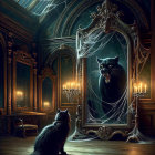Eerie Scene with Black Cats and Majestic Mirror