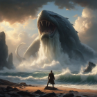 Dramatic Coastal Scene with Sea Creature and Figure