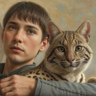 Hyper-realistic portrait of a man and wild cat
